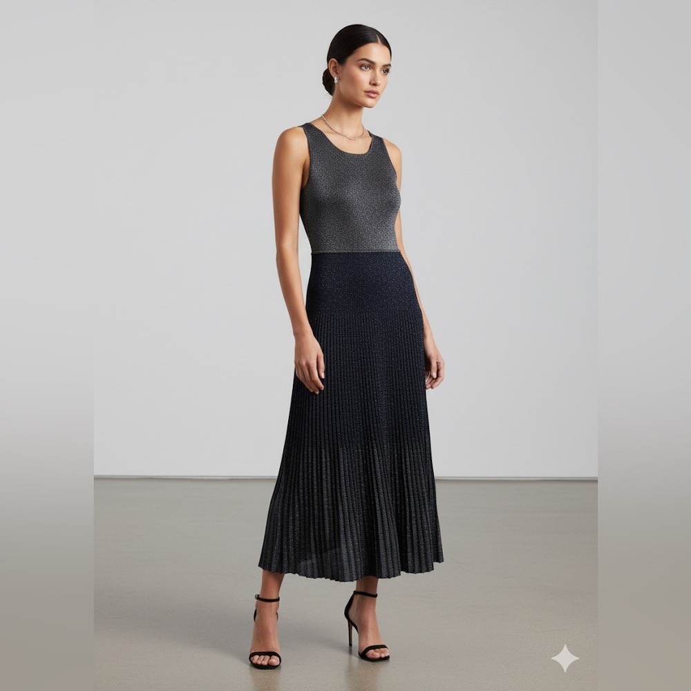 Bailey 44 Black and Gray Metallic Knit Maxi Dress‎ Pleated skirt size Medium NWT